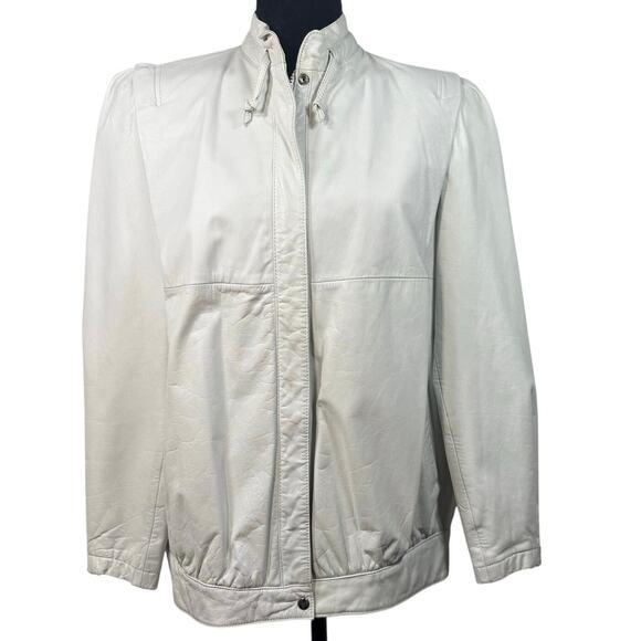 Vintage Women's Large C&A White Cowhide Leather Jacket 40” Chest Classic Bomber - Picture 1 of 11